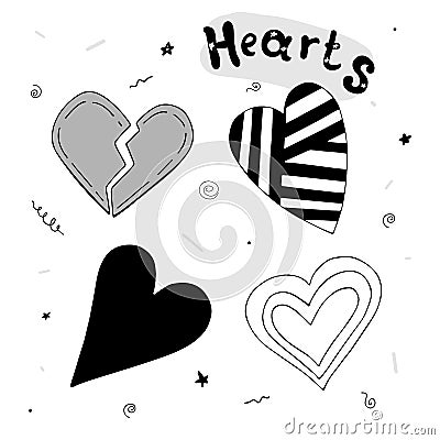 Cartoon simple set of cute hearts with an inscription and decorative elements. romance. Vector Illustration